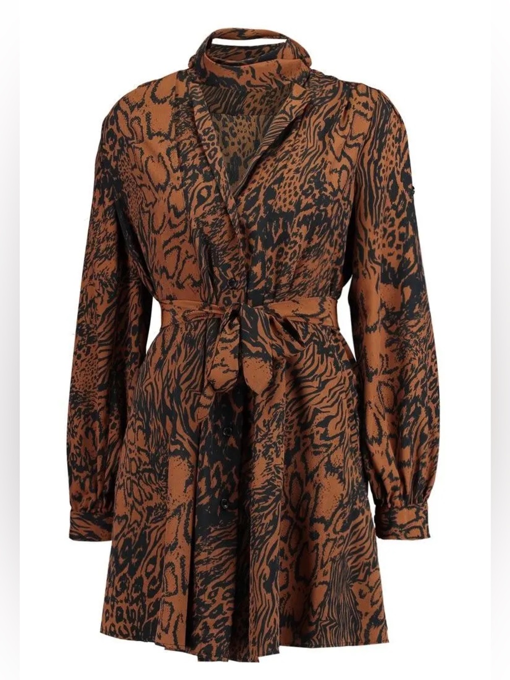 TOPSHOP | Brown & Black Snake Print Shirt Dress w Neck Tie